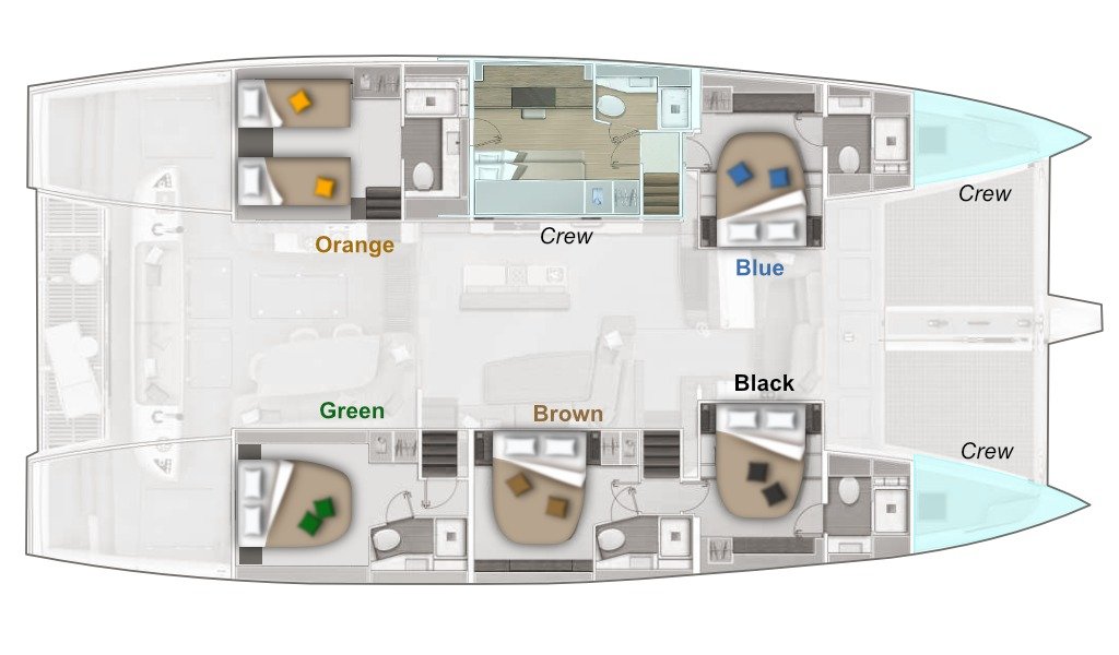 Whitecaps cabin layout: Orange, Blue, Black, Brown and Green guest cabins with crew quarters