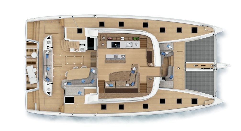 Main deck plan of Whitecaps, with the galley along one side of the saloon